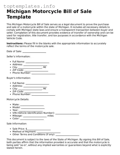 Printable Motorcycle Bill of Sale Document for the State of Michigan