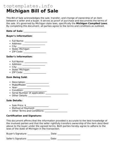 Printable Bill of Sale Document for the State of Michigan
