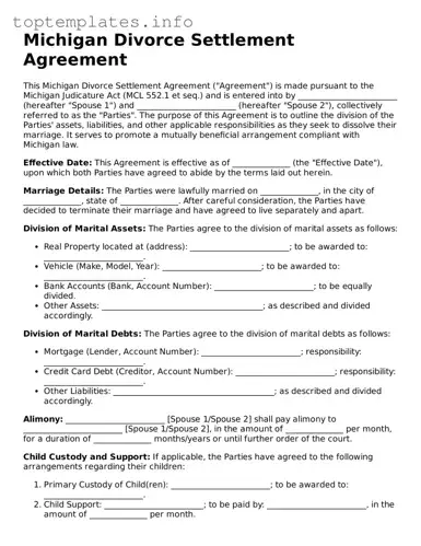 Printable Divorce Settlement Agreement Document for the State of Michigan