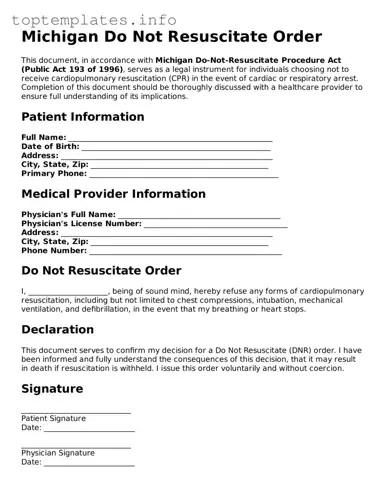Printable Do Not Resuscitate Order Document for the State of Michigan