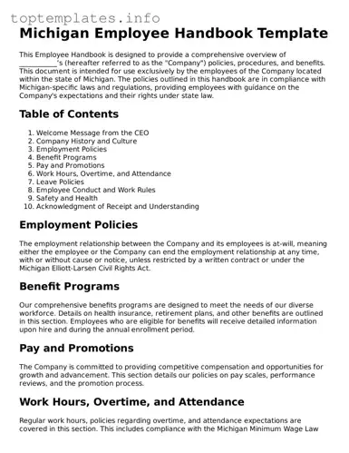 Printable Employee Handbook Document for the State of Michigan