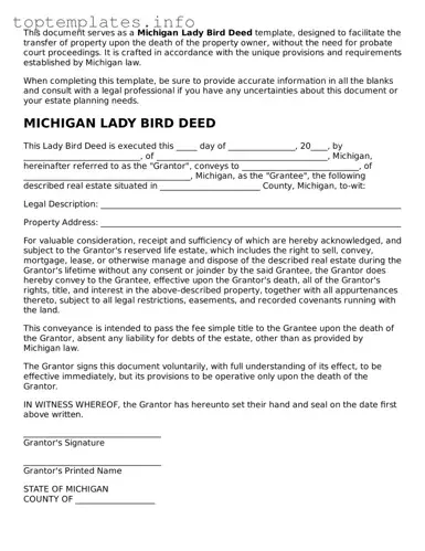 Printable Lady Bird Deed Document for the State of Michigan