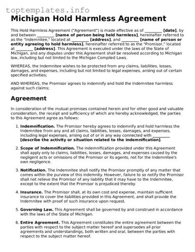 Printable Hold Harmless Agreement Document for the State of Michigan