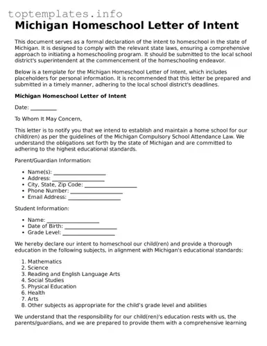 Printable Homeschool Letter of Intent Document for the State of Michigan