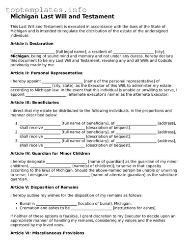 Printable Last Will and Testament Document for the State of Michigan