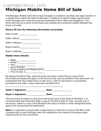 Printable Mobile Home Bill of Sale Document for the State of Michigan