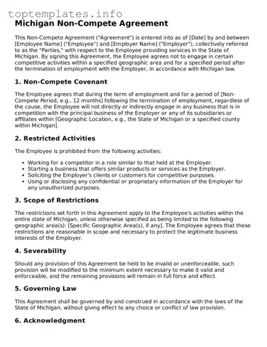 Printable Non-compete Agreement Document for the State of Michigan