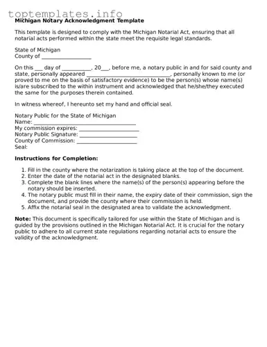 Printable Notary Acknowledgement Document for the State of Michigan