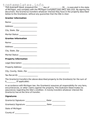 Printable Quitclaim Deed Document for the State of Michigan