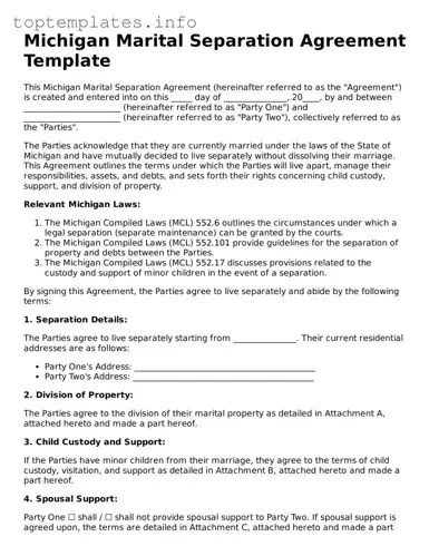 Printable Marital Separation Agreement Document for the State of Michigan