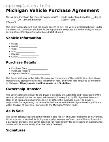Printable Vehicle Purchase Agreement Document for the State of Michigan