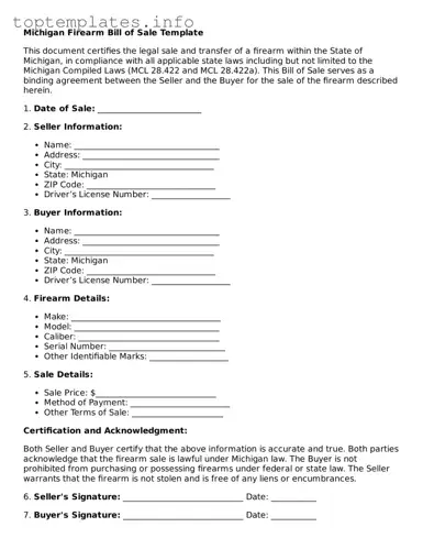 Printable Firearm Bill of Sale Document for the State of Michigan