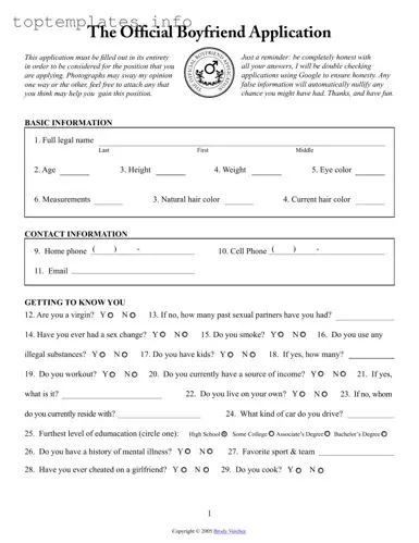 Fill in Your Boyfriend application form Form