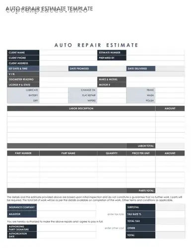 Fill in Your Auto Repair Estimate Form