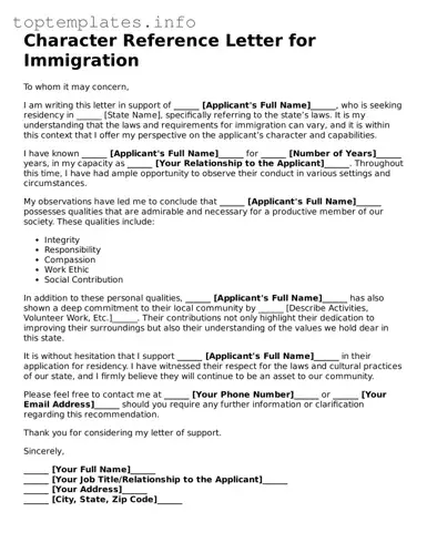 Attorney-Approved Character Reference Letter for Immigration Template