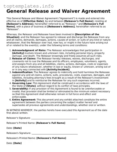 Attorney-Approved General Release and Waiver Template
