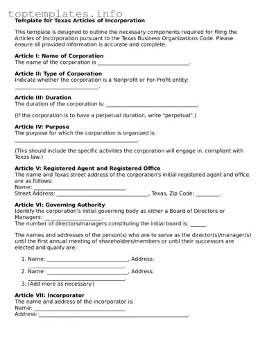 Printable Articles of Incorporation Document for the State of Texas