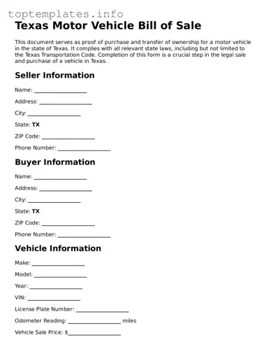 Printable Motor Vehicle Bill of Sale Document for the State of Texas
