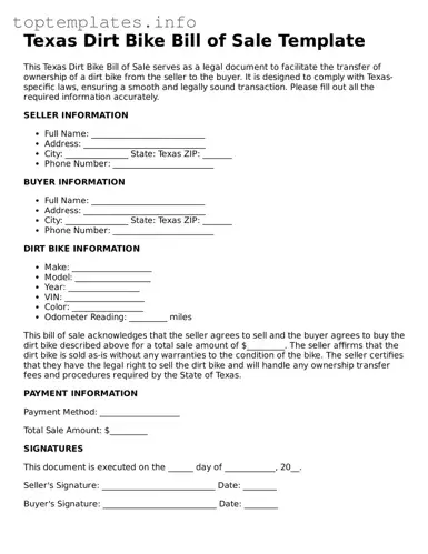 Printable Dirt Bike Bill of Sale Document for the State of Texas