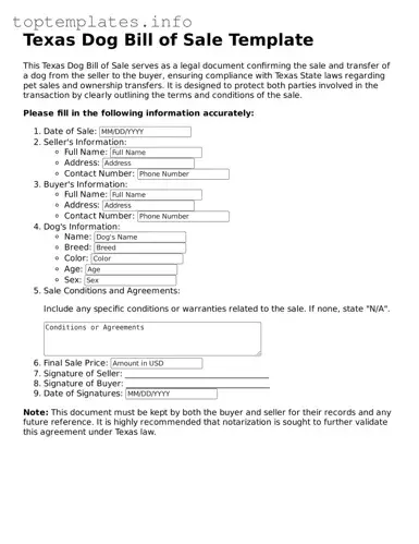 Printable Dog Bill of Sale Document for the State of Texas