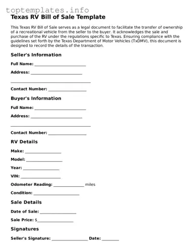 Printable RV Bill of Sale Document for the State of Texas