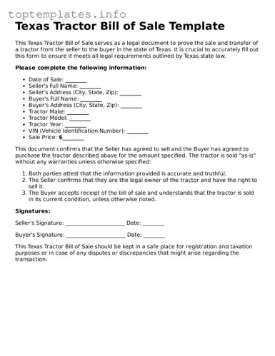 Printable Tractor Bill of Sale Document for the State of Texas