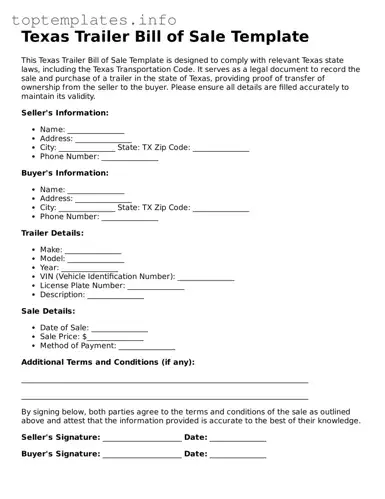 Printable Trailer Bill of Sale Document for the State of Texas