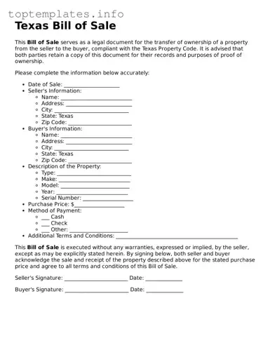 Printable Bill of Sale Document for the State of Texas