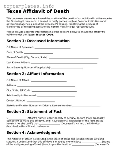 Printable Affidavit of Death Document for the State of Texas