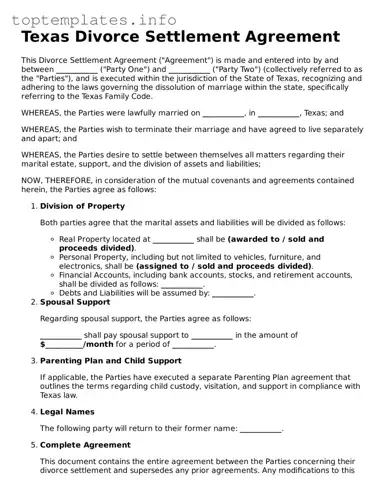Printable Divorce Settlement Agreement Document for the State of Texas