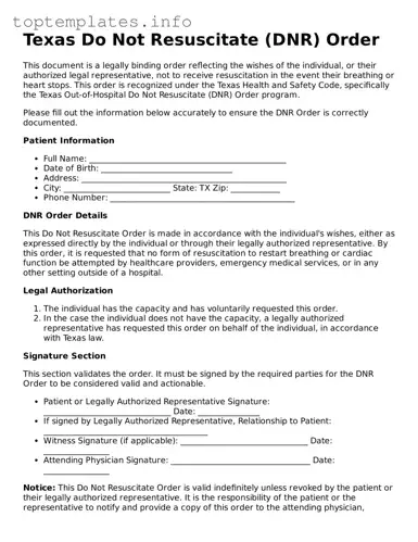 Printable Do Not Resuscitate Order Document for the State of Texas