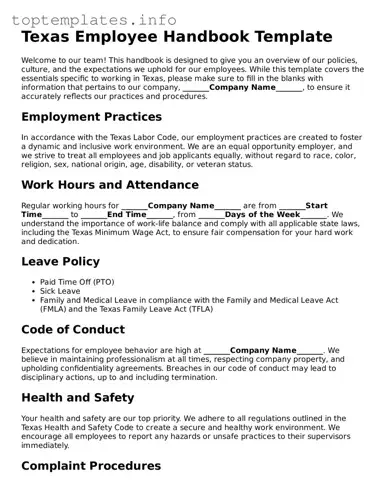 Printable Employee Handbook Document for the State of Texas