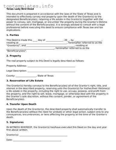 Printable Lady Bird Deed Document for the State of Texas