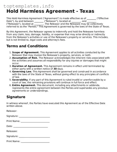 Printable Hold Harmless Agreement Document for the State of Texas