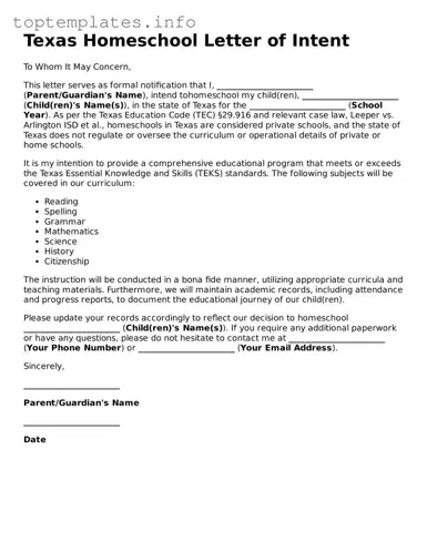 Printable Homeschool Letter of Intent Document for the State of Texas