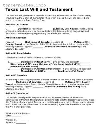 Printable Last Will and Testament Document for the State of Texas