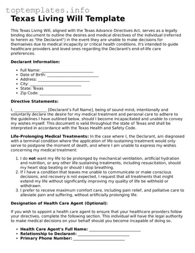 Printable Living Will Document for the State of Texas