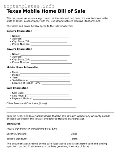 Printable Mobile Home Bill of Sale Document for the State of Texas