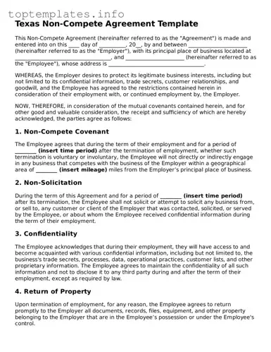 Printable Non-compete Agreement Document for the State of Texas
