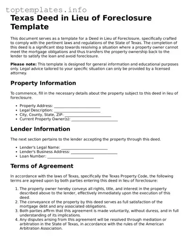 Printable Deed in Lieu of Foreclosure Document for the State of Texas
