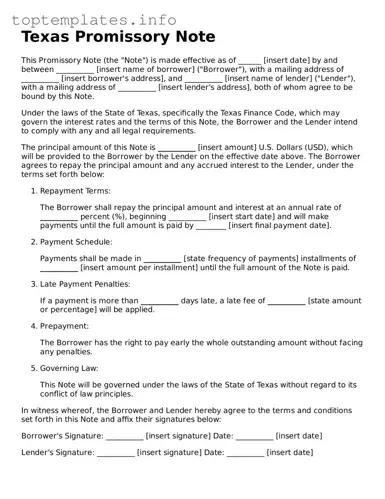 Printable Promissory Note Document for the State of Texas