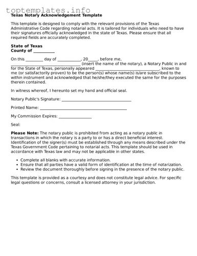Printable Notary Acknowledgement Document for the State of Texas