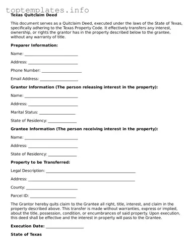 Printable Quitclaim Deed Document for the State of Texas