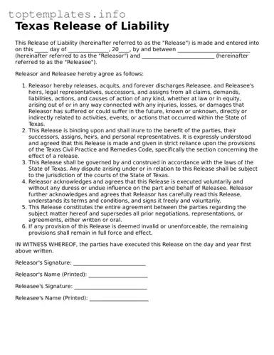 Printable Release of Liability Document for the State of Texas