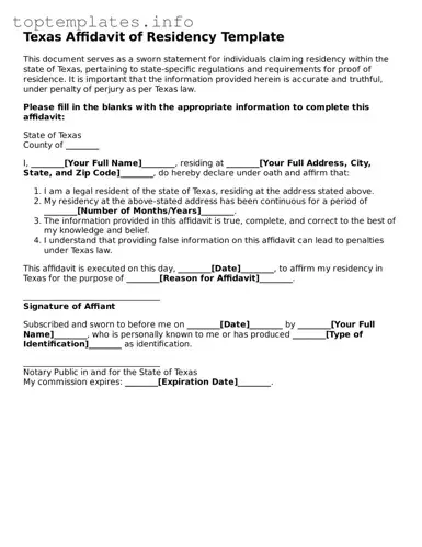 Printable Affidavit of Residency Document for the State of Texas