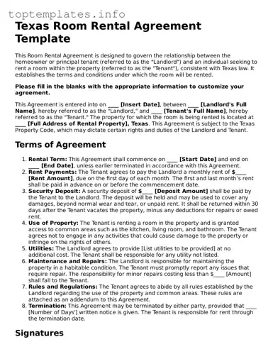 Printable Room Rental Agreement Document for the State of Texas