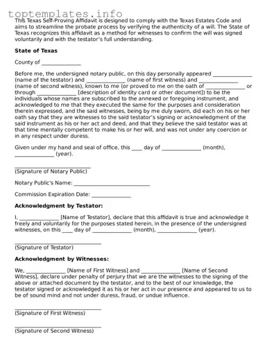 Printable Self-Proving Affidavit Document for the State of Texas