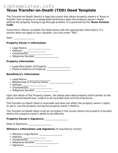 Printable Transfer-on-Death Deed Document for the State of Texas