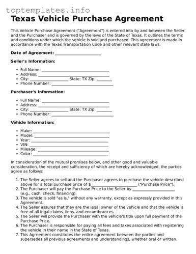 Printable Vehicle Purchase Agreement Document for the State of Texas