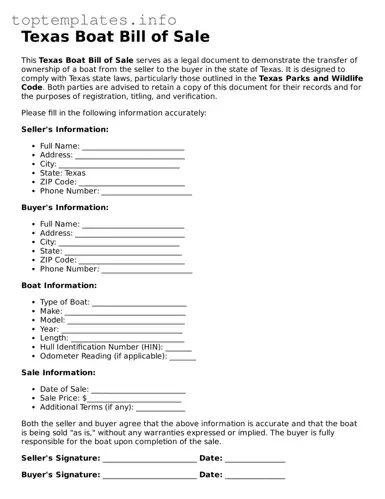 Printable Boat Bill of Sale Document for the State of Texas